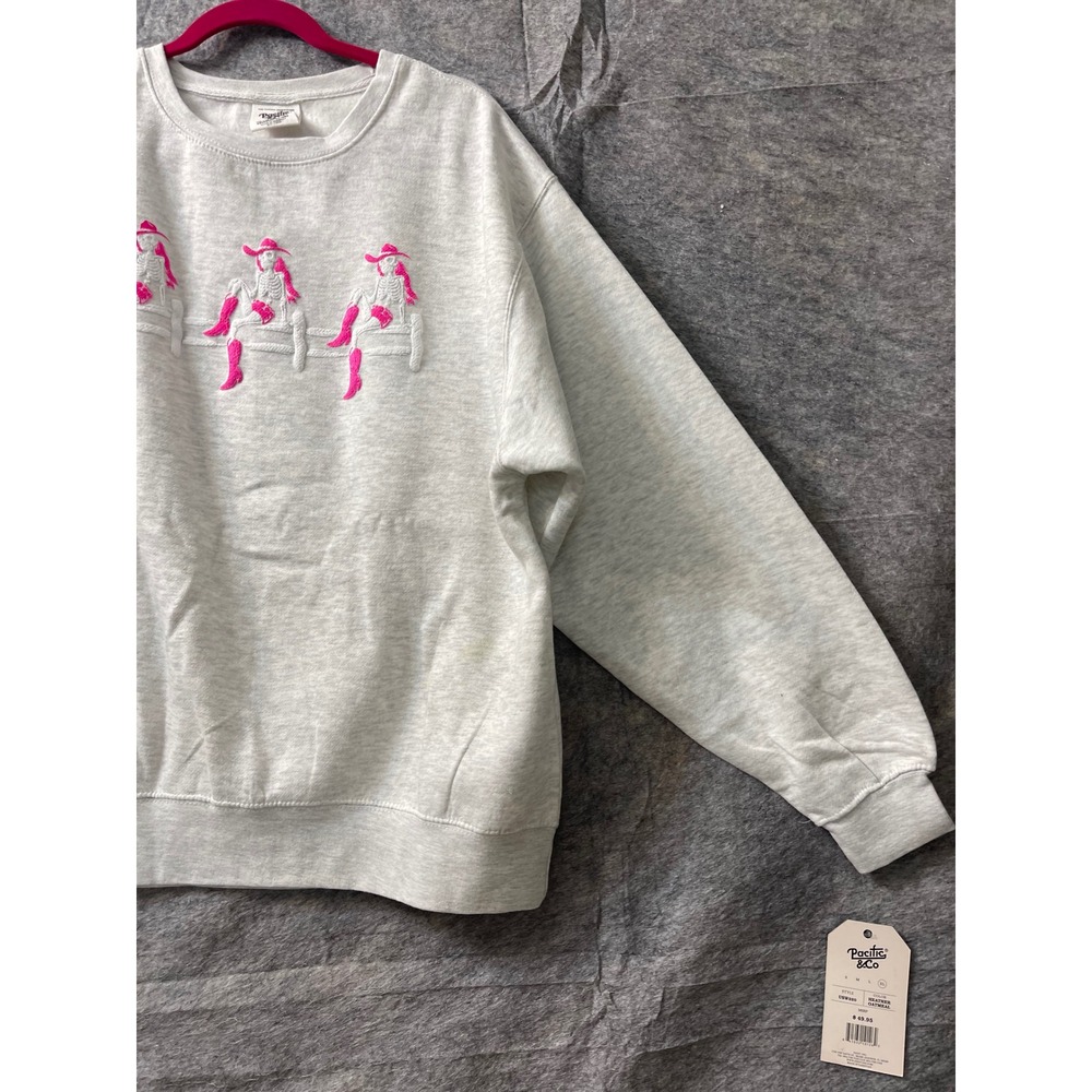 Pacific & Co Heather Gray Pink Skeleton Cowgirl Embroidered Sweatshirt XL - Picture 10 of 14